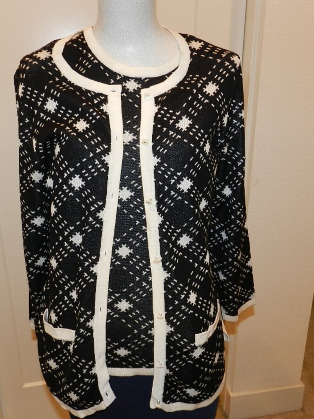 Pendleton Silk Cotton Blend Cardigan Sweater and Top Set Black Ivory Size Small